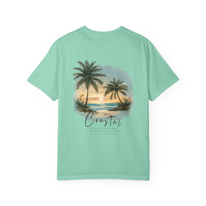 Unisex Adult Sunset Beach Scene II Back Design T-Shirt — Tropical Palm Tree 'Lost In the Horizon' Graphic w/ Logo Front (Additional Color)