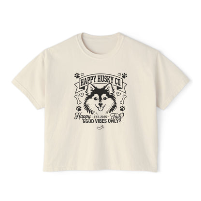 Happy Husky Co. Women's Boxy Tee — 'Happy Tails, Good Vibes Only' Graphic (Additional Colors)