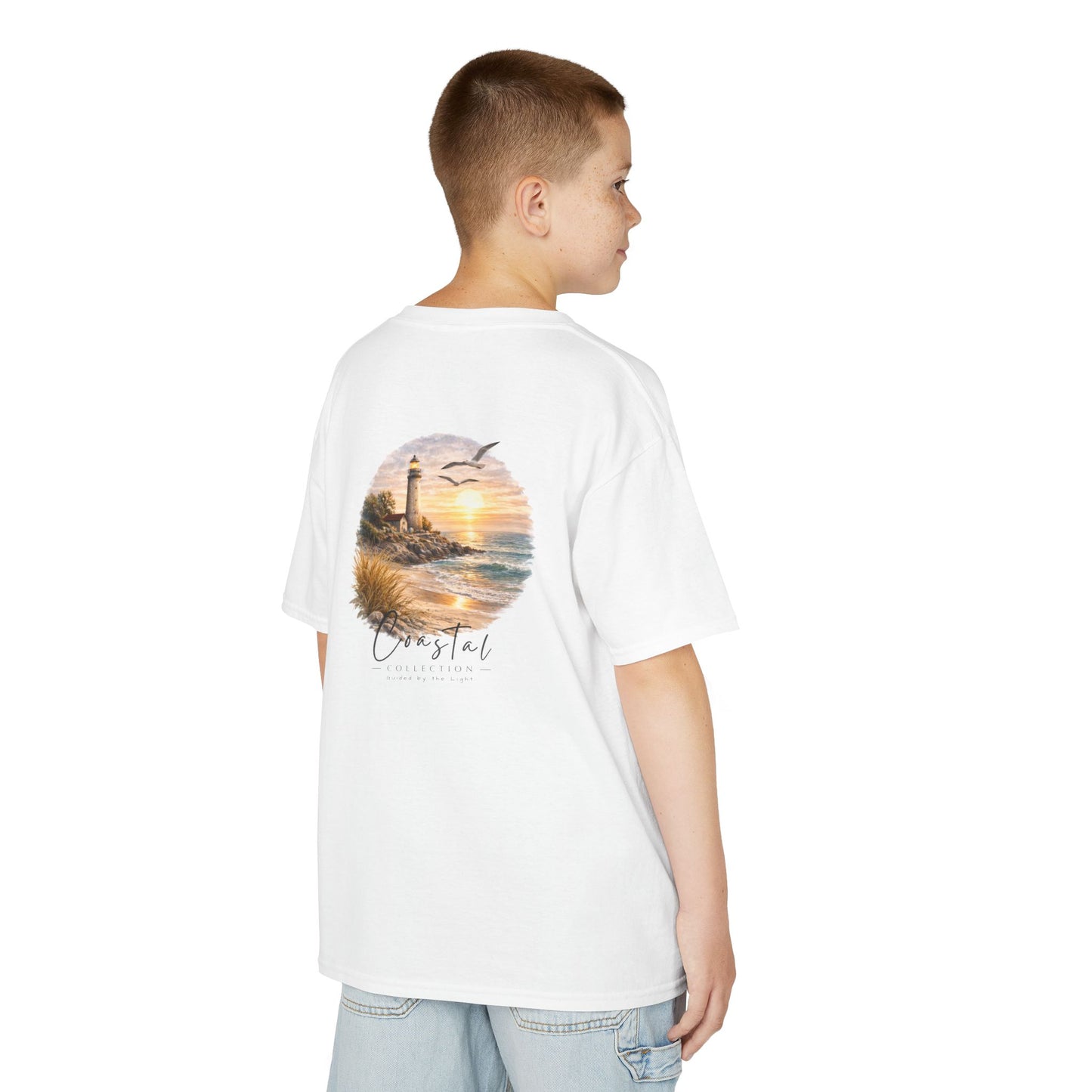 Kids Coastal Lighthouse Sunset Back Graphic Tee - 'Guided By the Light' w/ Front Wave Logo (Additional Color)