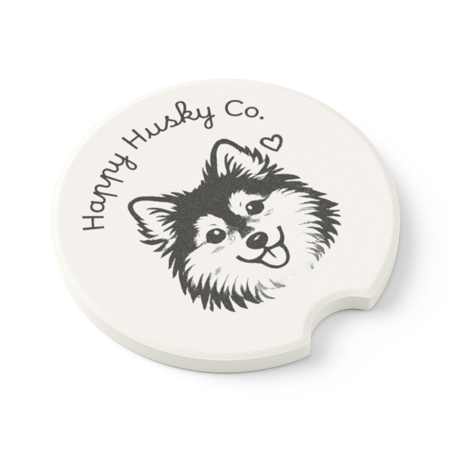 Happy Husky Co. Soapstone Car Coaster — Cute Fluffy Dog Face Car Drink Holder Insert (Single or Two-Piece Set)