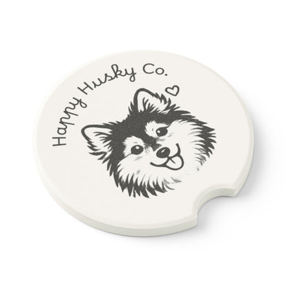 Happy Husky Co. Soapstone Car Coaster — Cute Fluffy Dog Face Car Drink Holder Insert (Single or Two-Piece Set)