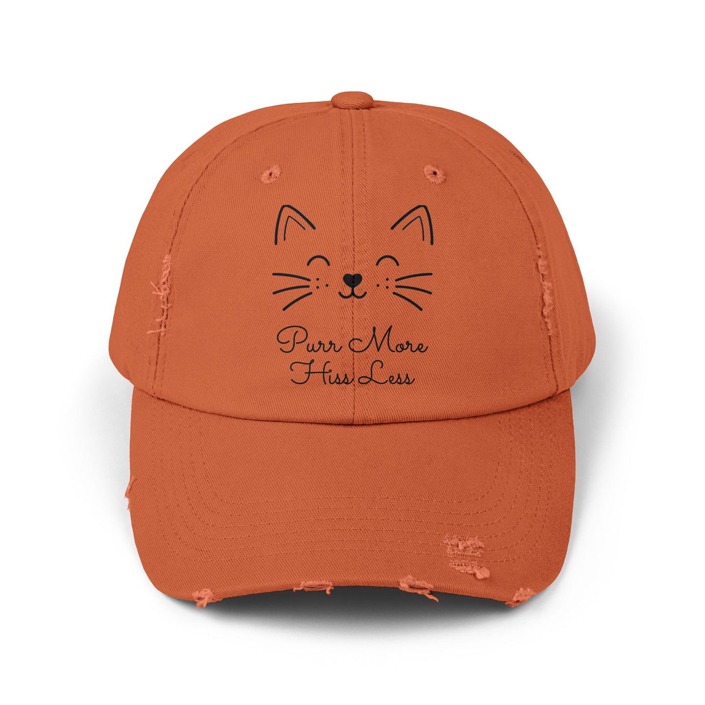 Unisex Cat Face Design Distressed Cap - 'Purr More, Hiss Less' Hat (Additional Colors)