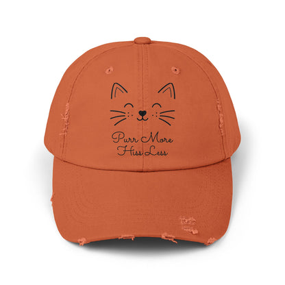 Unisex Cat Face Design Distressed Cap - 'Purr More, Hiss Less' Hat (Additional Colors)