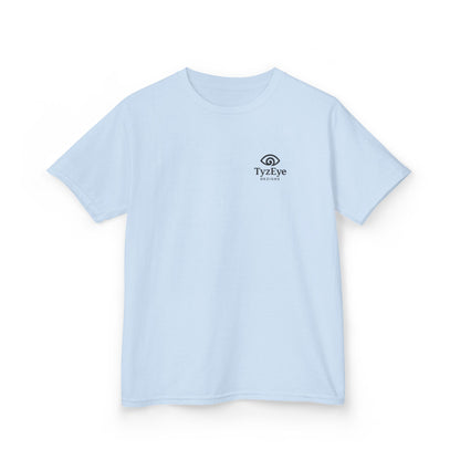Kids Sunset Beach Scene II Back Design T-Shirt — Tropical Palm Tree 'Lost In the Horizon' Graphic w/ Logo Front (Additional Color)