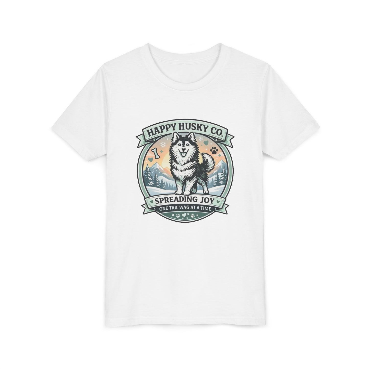 Youth Tee Happy Husky Co. 'Spreading Joy' Kids Short Sleeve Shirt - Husky Dog, Outdoor Badge Design (Additional Colors)