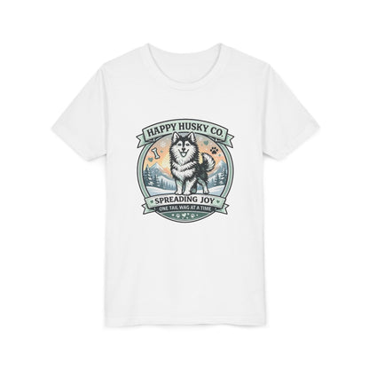 Youth Tee Happy Husky Co. 'Spreading Joy' Kids Short Sleeve Shirt - Husky Dog, Outdoor Badge Design (Additional Colors)