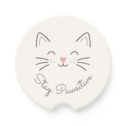 Catitude Collection Cat Face Soapstone Car Coaster — 'Stay Pawsitive' Car Cup Holder Coaster (Single or 2-Piece Set)
