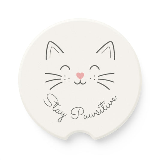 Catitude Collection Cat Face Soapstone Car Coaster — 'Stay Pawsitive' Car Cup Holder Coaster (Single or 2-Piece Set)