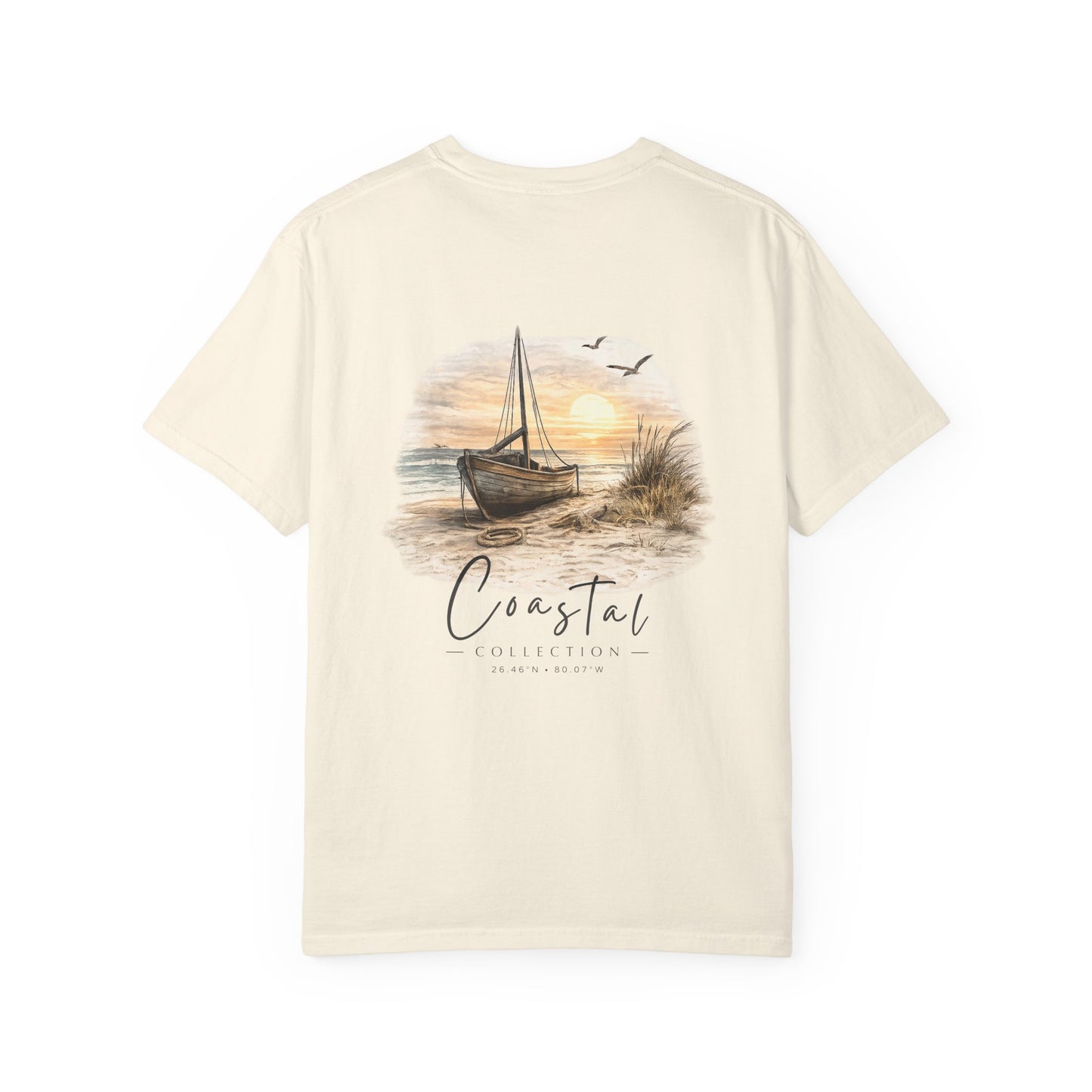 Unisex Adult Beach Sunset Sailboat Back Design T-Shirt — Nautical Coastal Graphic Tee w/ Logo (Additional Color)