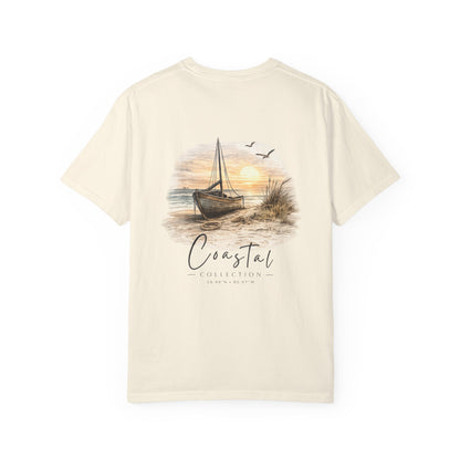 Unisex Adult Beach Sunset Sailboat Back Design T-Shirt — Nautical Coastal Graphic Tee w/ Logo (Additional Color)