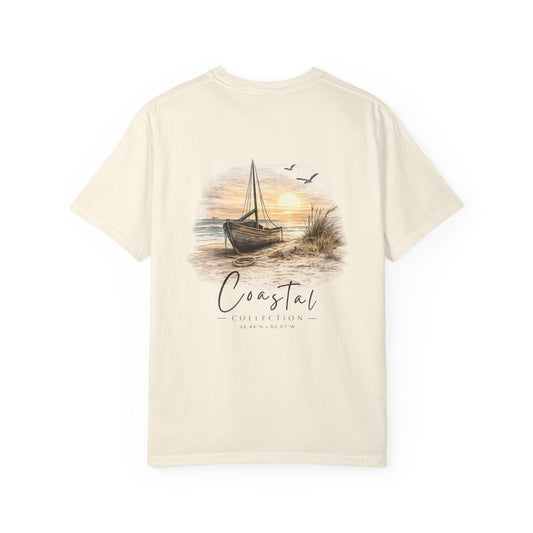 Unisex Adult Beach Sunset Sailboat Back Design T-Shirt — Nautical Coastal Graphic Tee w/ Logo (Additional Color)