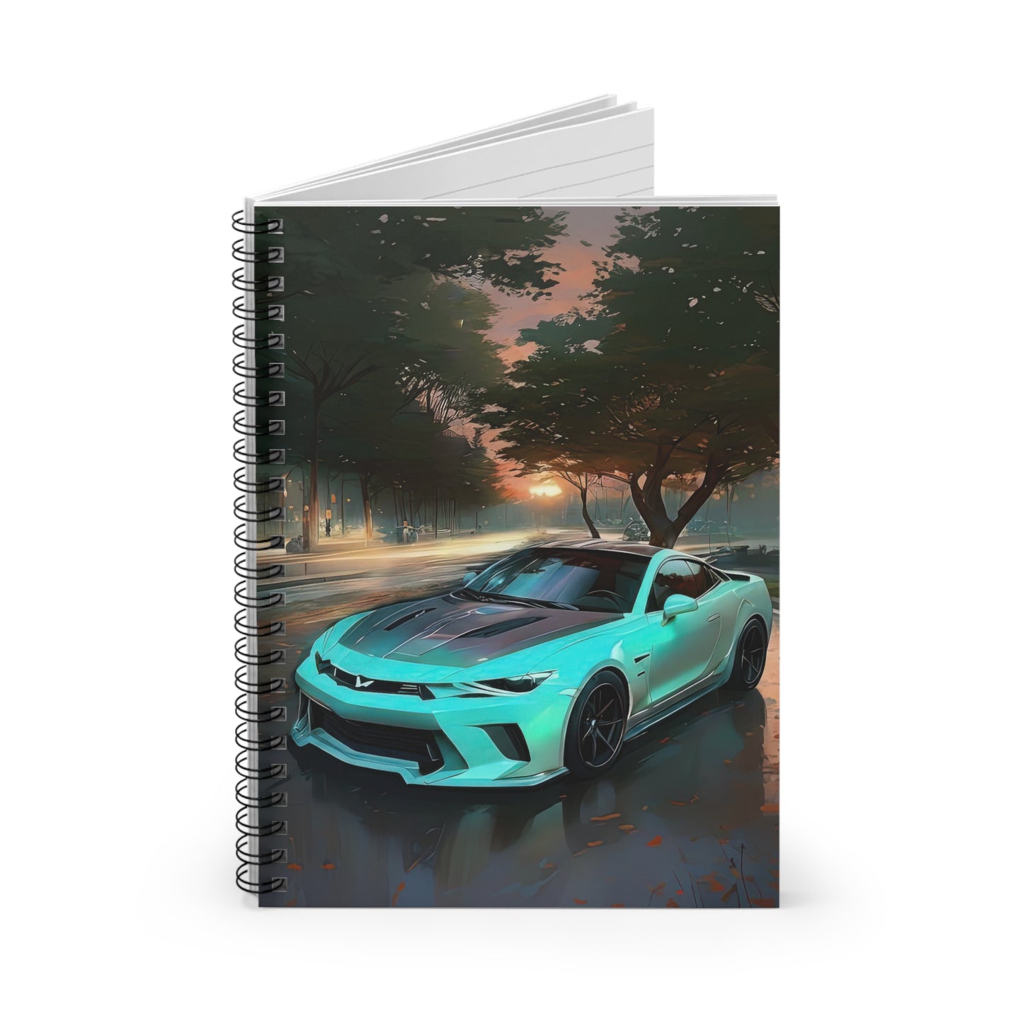 Artsy Sunset Scene Teal Camaro Sports Car Spiral Ruled Notebook