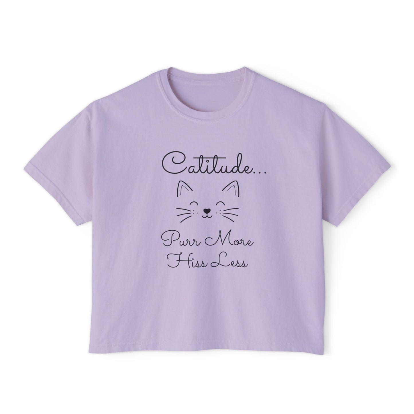 Catitude Boxy Tee — “Purr More, Hiss Less” Cute Cat Graphic T-Shirt (Additional Colors)
