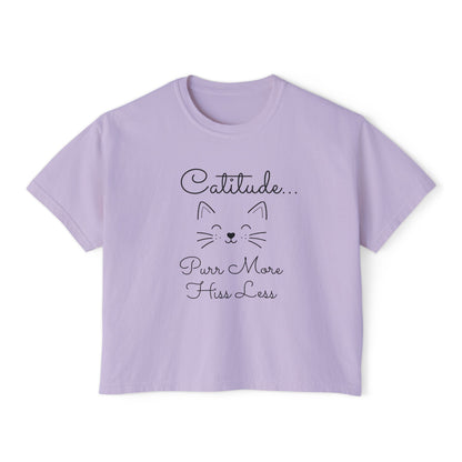Catitude Boxy Tee — “Purr More, Hiss Less” Cute Cat Graphic T-Shirt (Additional Colors)