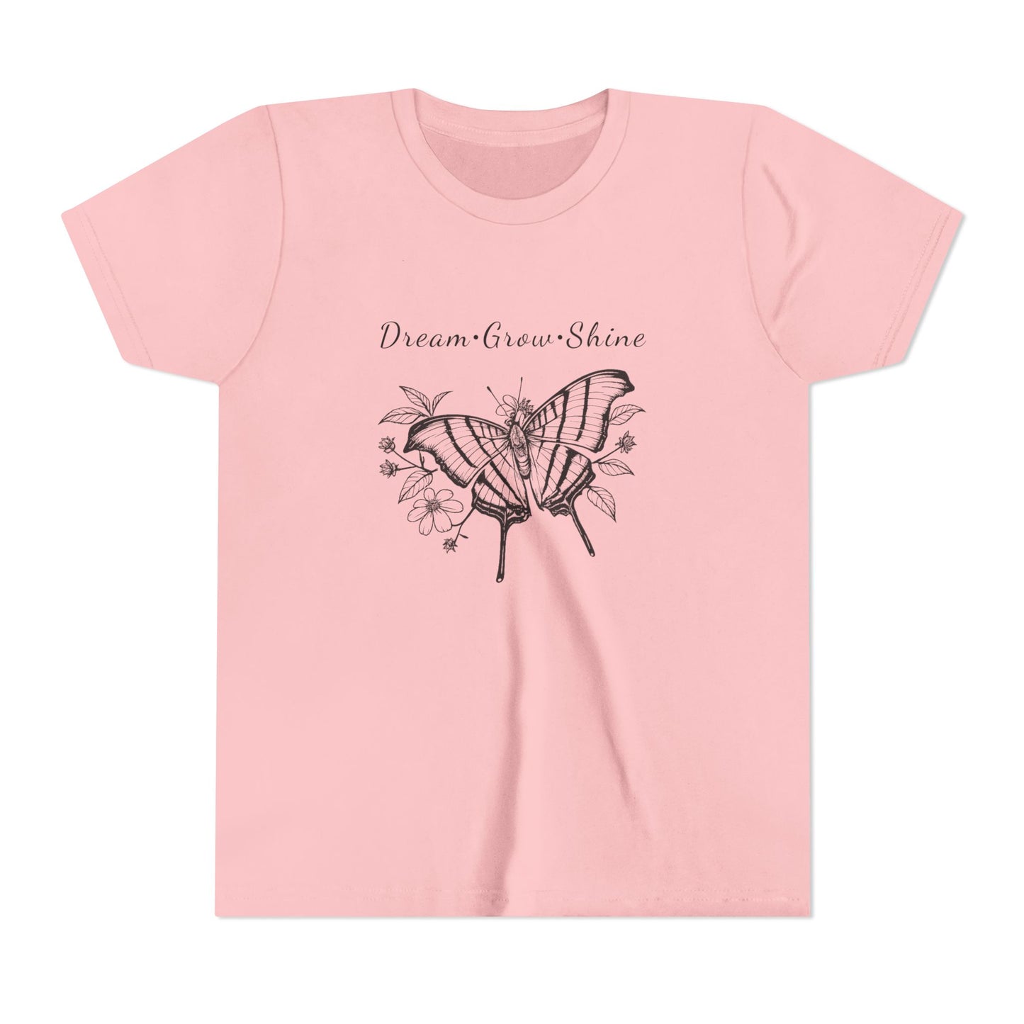 Youth Unisex Butterfly & Flowers Design Short Sleeve Tee - 'Dream, Grow, Shine' Motivational Graphic (Additional Colors)