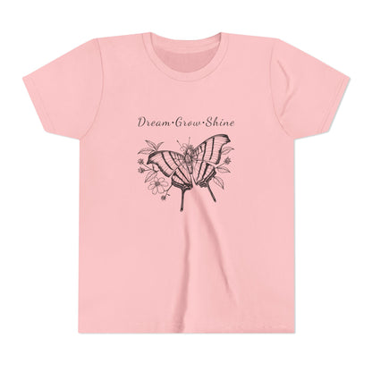 Youth Unisex Butterfly & Flowers Design Short Sleeve Tee - 'Dream, Grow, Shine' Motivational Graphic (Additional Colors)