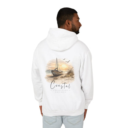 Unisex Adult Coastal Beach Sunset Sailboat Back Design Hoodie — Nautical Coastal Graphic Lightweight Hooded Sweatshirt  w/ Logo (Additional Color)