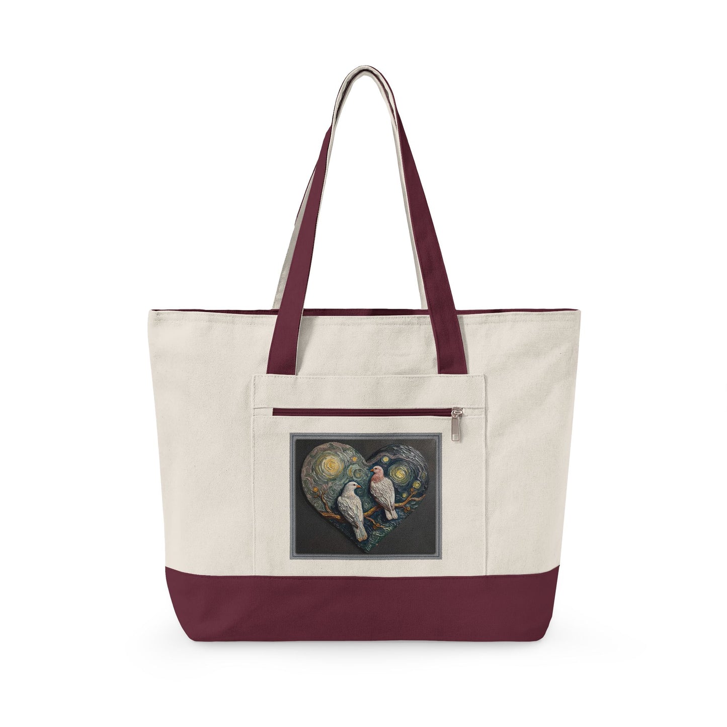 Two Doves in a Heart Zippered Canvas Tote Bag (Additional Colors)