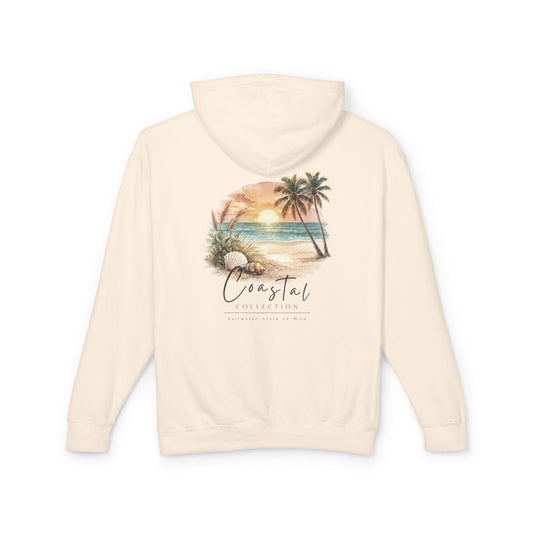 Unisex Adult Beach Sunset Back Design Hoodie — Tropical Palm Tree 'Saltwater State of Mind' w/ Logo Graphic Lightweight Sweatshirt (Additional Color)