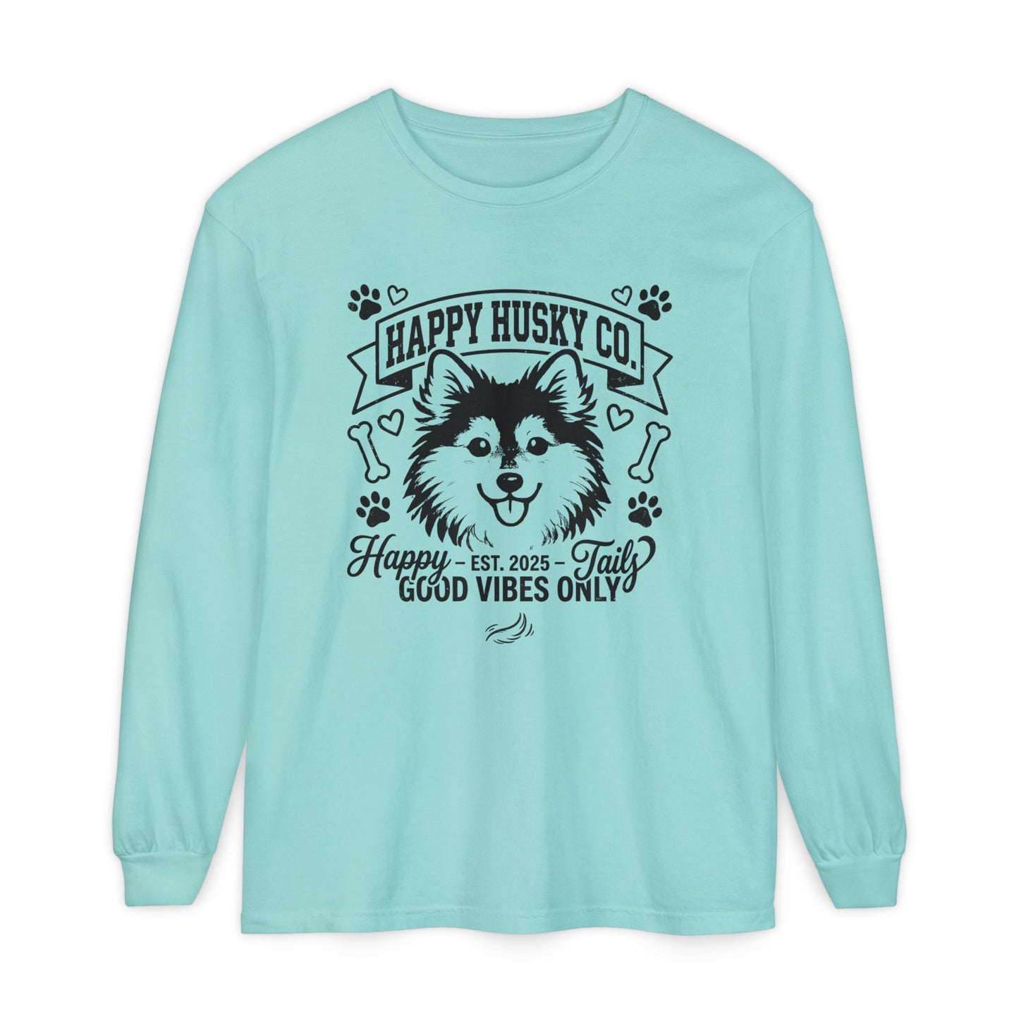 Happy Husky Co. Unisex Long Sleeve Tee — 'Happy Tails, Good Vibes Only' Dog Lover Shirt (Additional Colors)