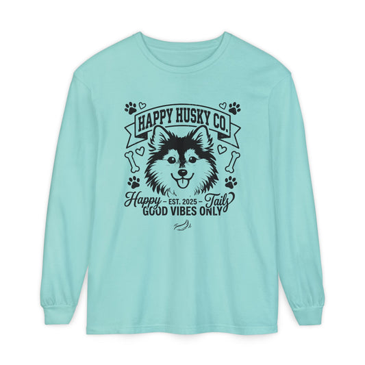 Happy Husky Co. Unisex Long Sleeve Tee — 'Happy Tails, Good Vibes Only' Dog Lover Shirt (Additional Colors)