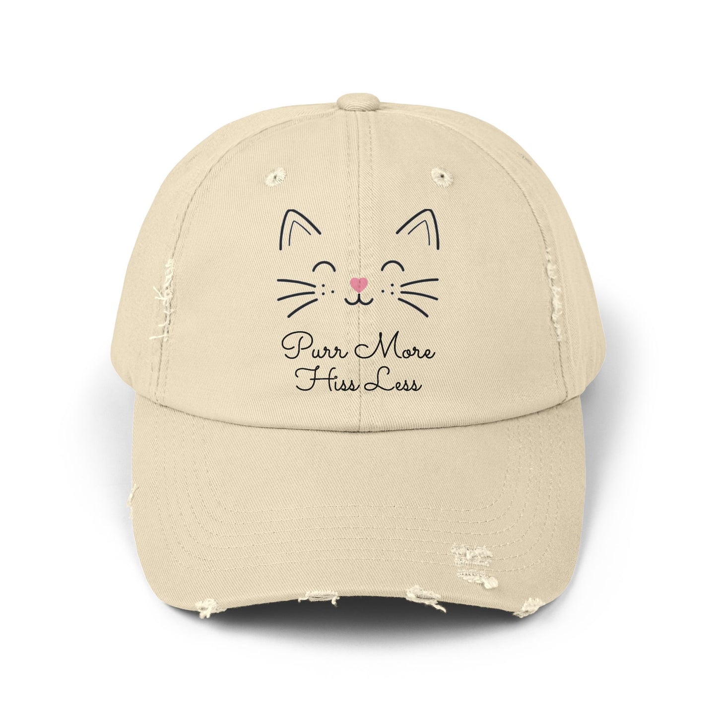 Unisex Cat Face Design Distressed Cap - 'Purr More, Hiss Less' Hat (Additional Colors)