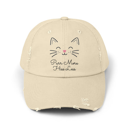 Unisex Cat Face Design Distressed Cap - 'Purr More, Hiss Less' Hat (Additional Colors)