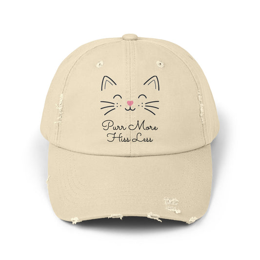 Unisex Cat Face Design Distressed Cap - 'Purr More, Hiss Less' Hat (Additional Colors)