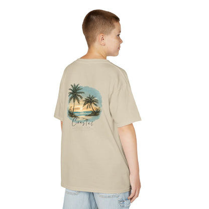 Kids Sunset Beach Scene II Back Design T-Shirt — Tropical Palm Tree 'Lost In the Horizon' Graphic w/ Logo Front (Additional Color)