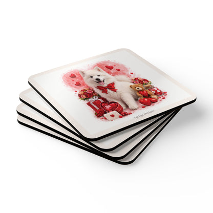 Valentine's Samoyed Dog Theme Cork Coaster Set — Romantic Drink Coasters (4 Piece)