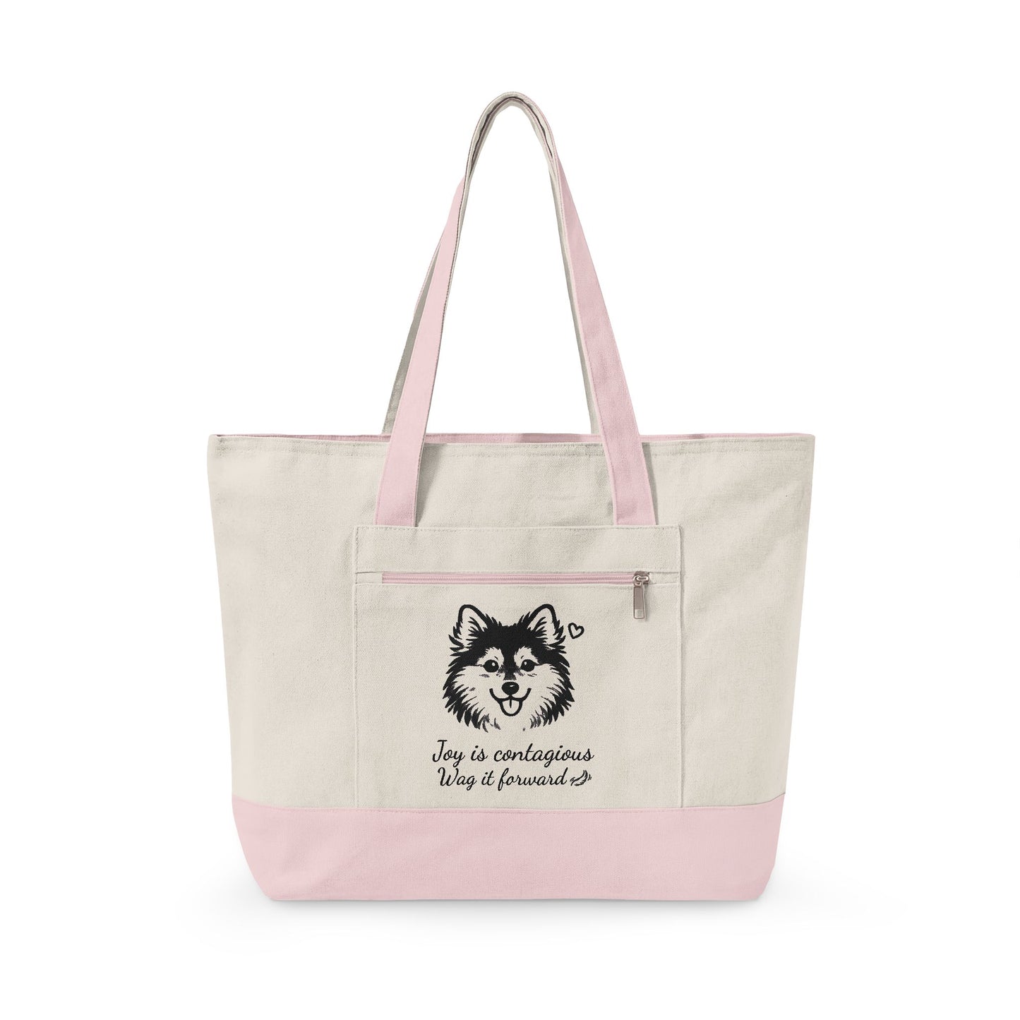Adorable Pomsky With A Heart Canvas Tote Bag, 'Joy is contagious, Wag it forward' Zippered Beach & Market Tote (Additional Colors)