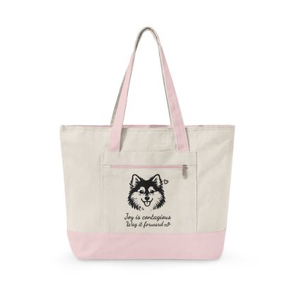 Adorable Pomsky With A Heart Canvas Tote Bag, 'Joy is contagious, Wag it forward' Zippered Beach & Market Tote (Additional Colors)