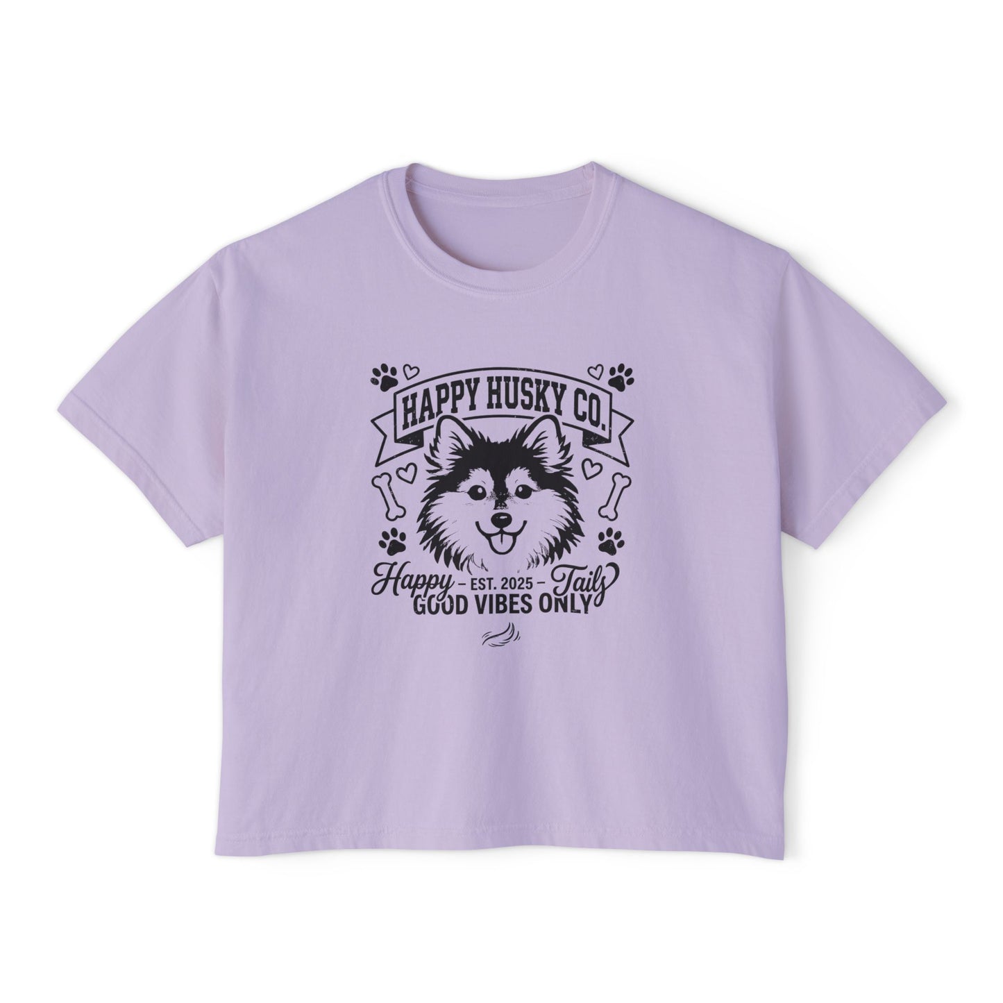 Happy Husky Co. Women's Boxy Tee — 'Happy Tails, Good Vibes Only' Graphic (Additional Colors)