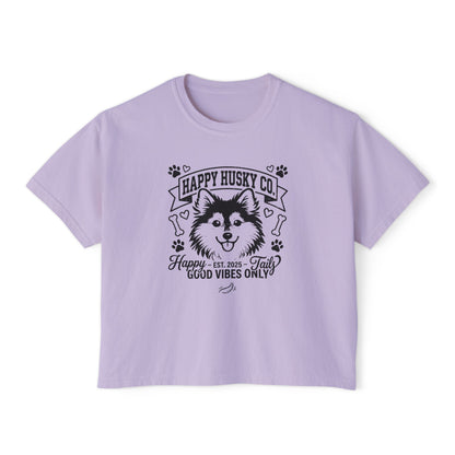 Happy Husky Co. Women's Boxy Tee — 'Happy Tails, Good Vibes Only' Graphic (Additional Colors)
