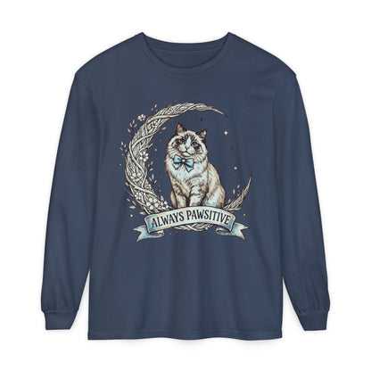 Unisex Adult 'Always Pawsitive' Cat Design Long Sleeve Tee — Cute Ragdoll Cat Graphic Shirt (Additional Colors)