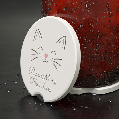 Catitude Collection Cat Face Soapstone Car Coaster — 'Purr More Hiss Less' Car Cup Holder Coaster (Single or 2-Piece Set)