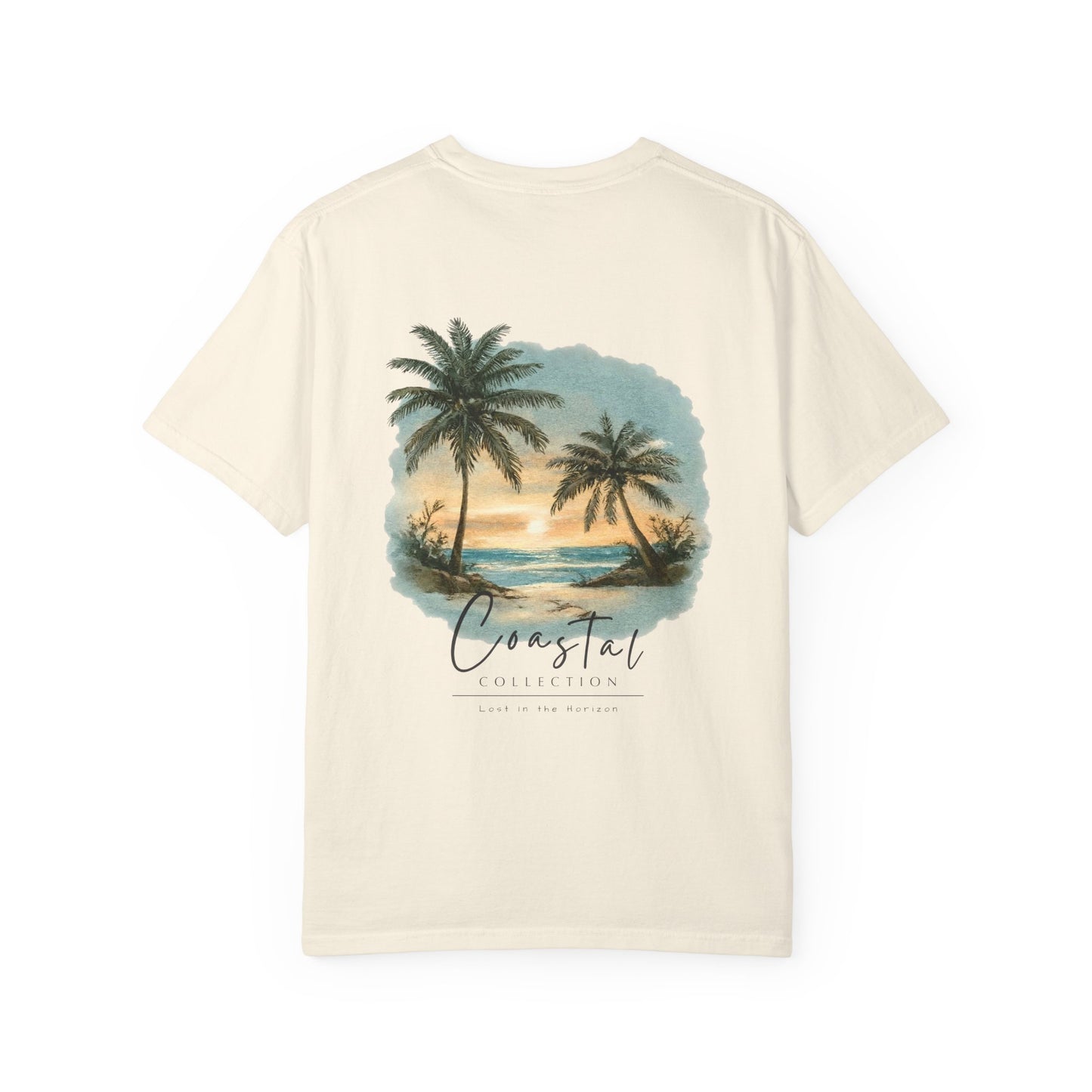 Unisex Adult Sunset Beach Scene II Back Design T-Shirt — Tropical Palm Tree 'Lost In the Horizon' Graphic w/ Logo Front (Additional Color)