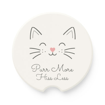 Catitude Collection Cat Face Soapstone Car Coaster — 'Purr More Hiss Less' Car Cup Holder Coaster (Single or 2-Piece Set)