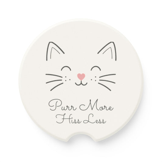 Catitude Collection Cat Face Soapstone Car Coaster — 'Purr More Hiss Less' Car Cup Holder Coaster (Single or 2-Piece Set)