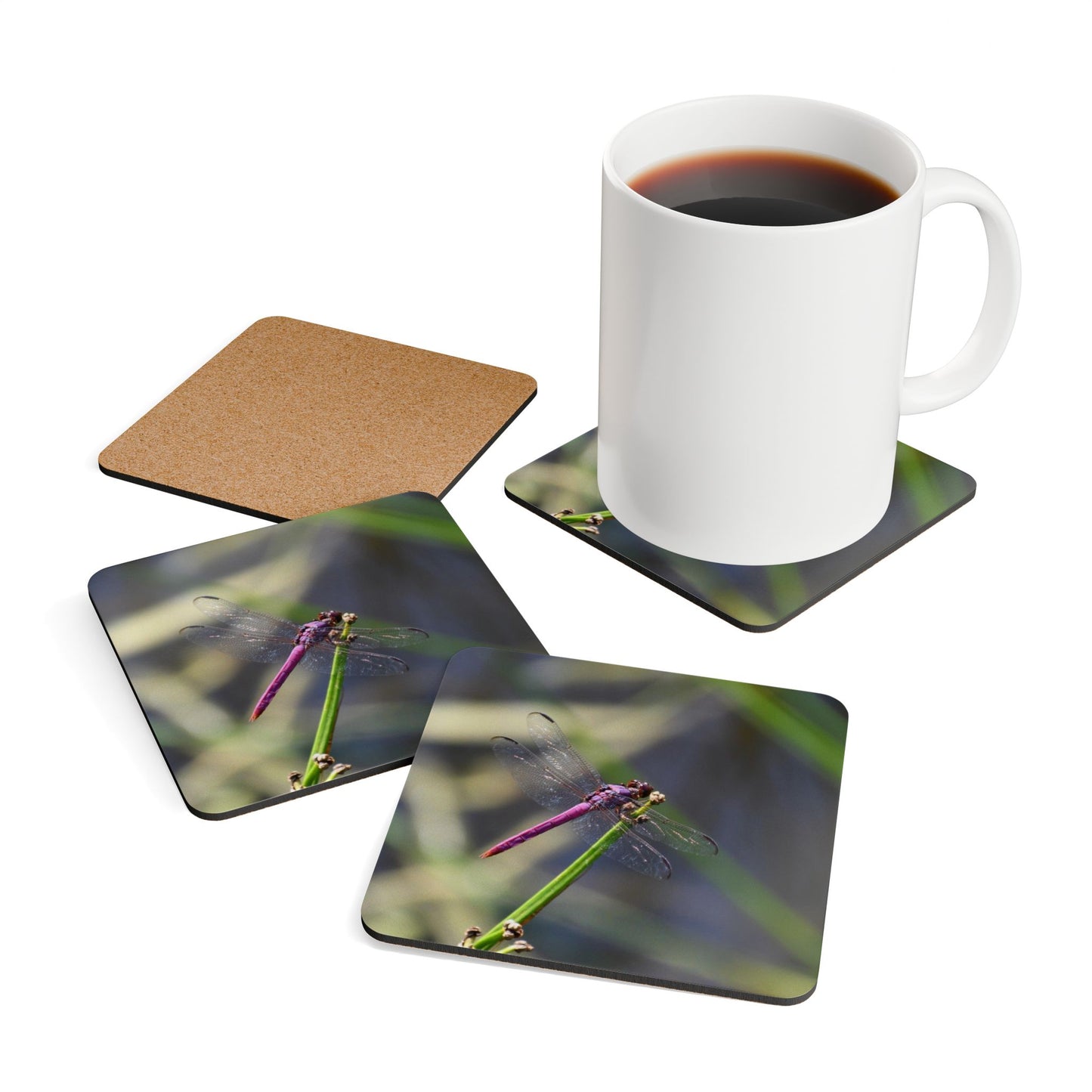 Nature-Inspired Dragonfly Cork Drink Coaster 4-Piece Set