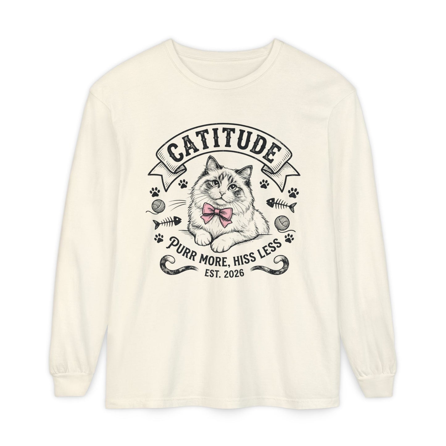 Unisex Catitude Design Long Sleeve Tee — 'Purr More, Hiss Less' Cat Lover Shirt (Additional Colors)