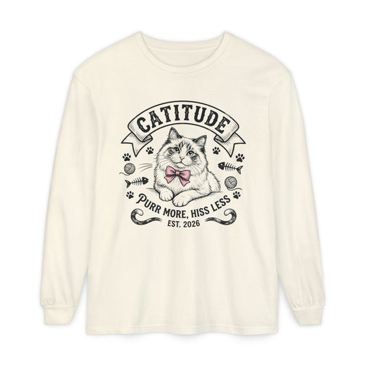 Unisex Catitude Design Long Sleeve Tee — 'Purr More, Hiss Less' Cat Lover Shirt (Additional Colors)