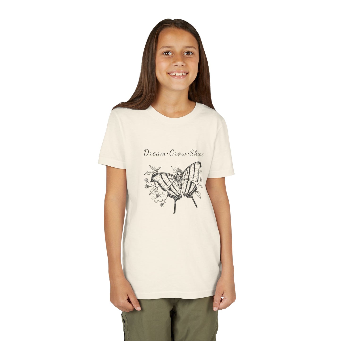 Youth Unisex Butterfly & Flowers Design Short Sleeve Tee - 'Dream, Grow, Shine' Motivational Graphic (Additional Colors)