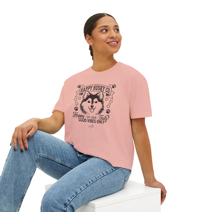 Happy Husky Co. Women's Boxy Tee — 'Happy Tails, Good Vibes Only' Graphic (Additional Colors)