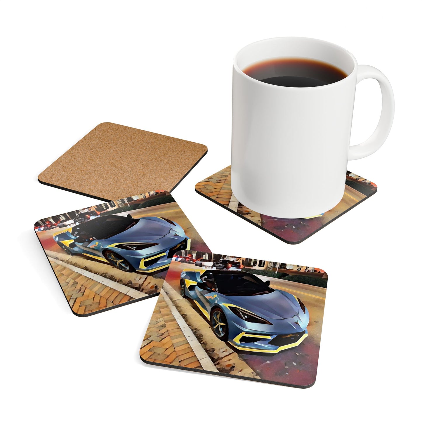 Artsy Blue Sportscar Design Corkwood Coaster Set (4-Piece)