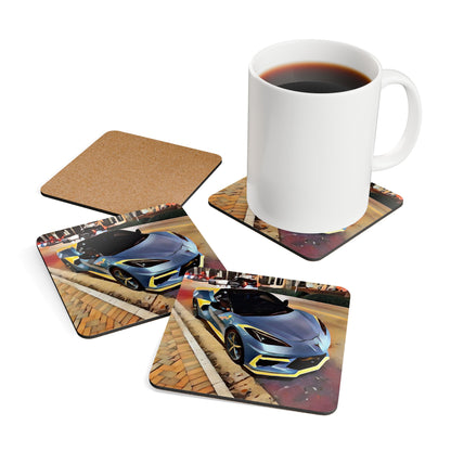 Artsy Blue Sportscar Design Corkwood Coaster Set (4-Piece)