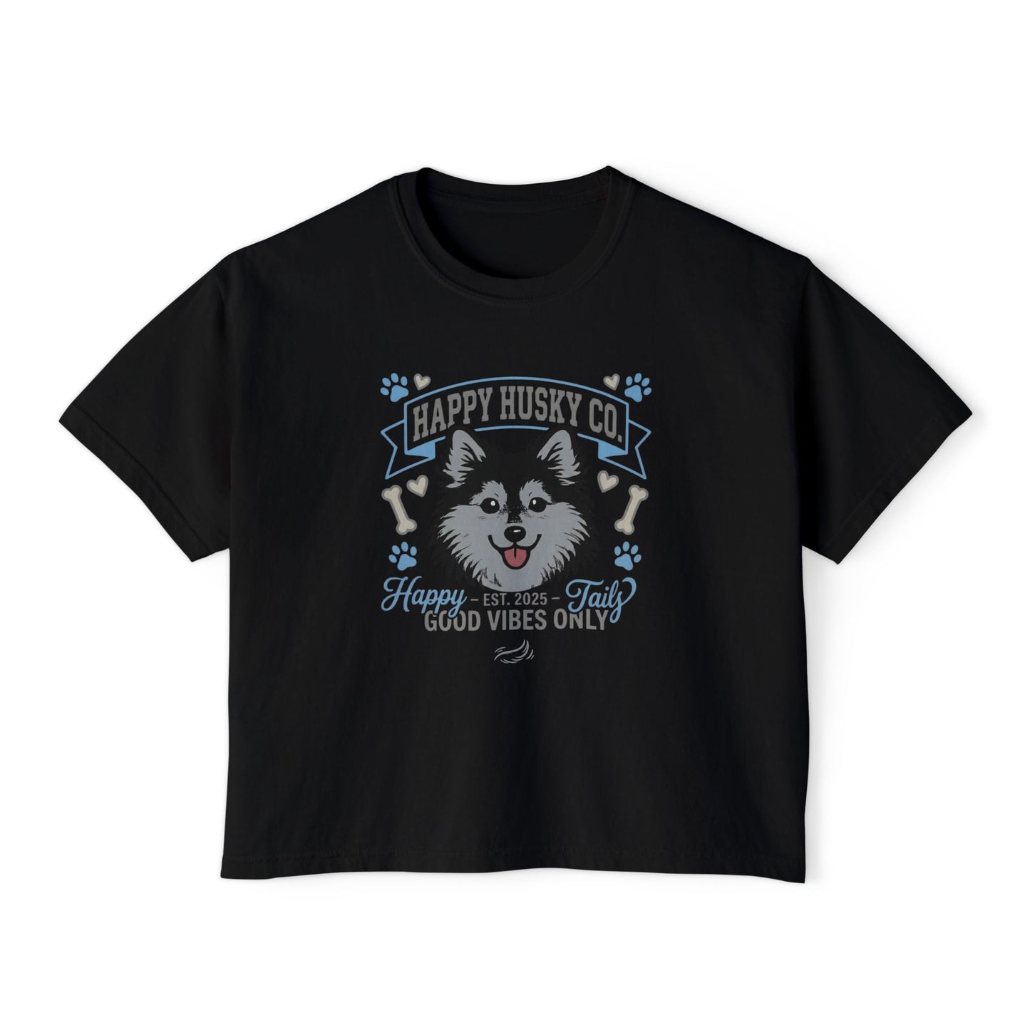 Happy Husky Co. Women's Boxy Tee — 'Happy Tails, Good Vibes Only' Graphic (Additional Colors)