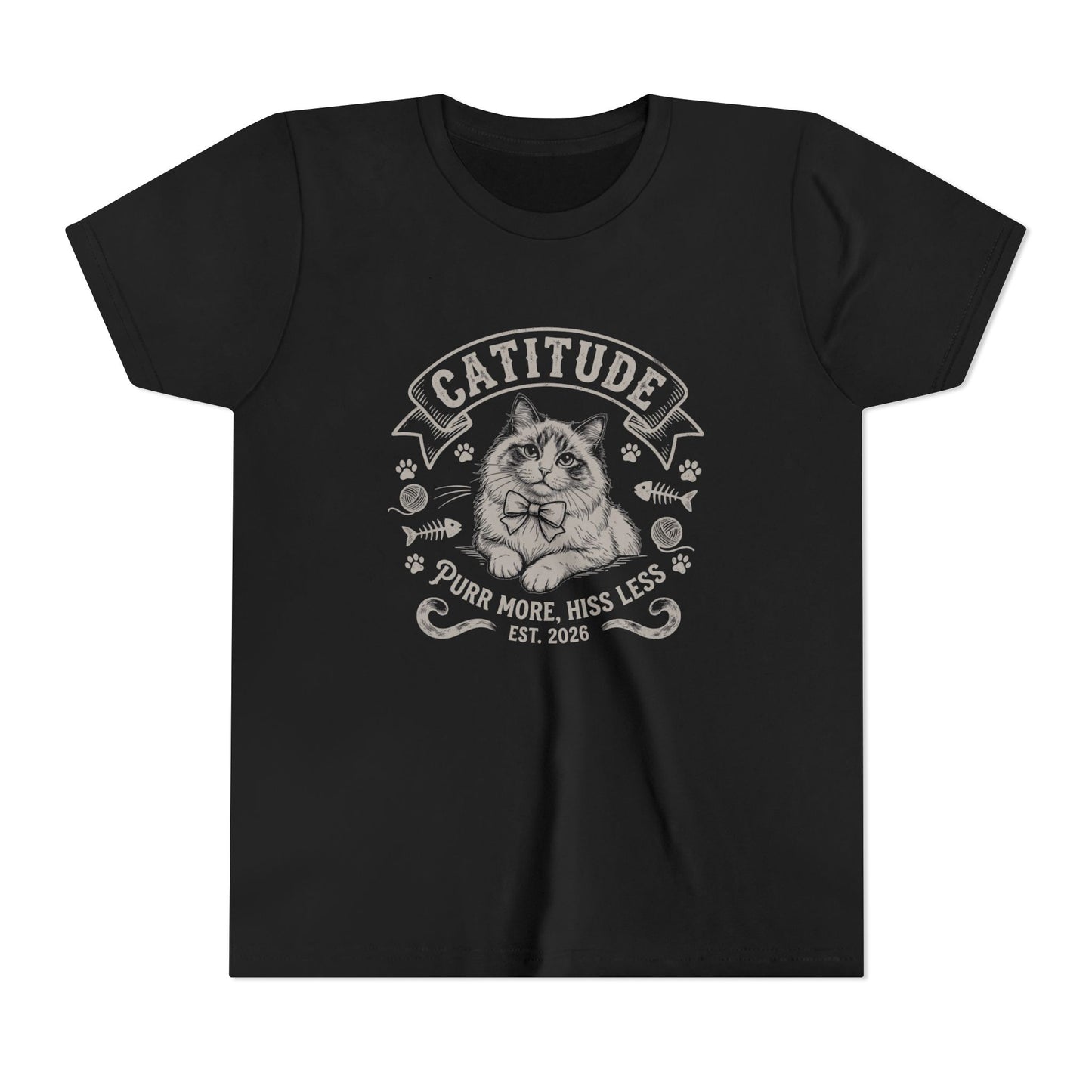 Catitude Youth T‑Shirt - "Purr More, Hiss Less" Cute Cat Graphic Tee for Kids