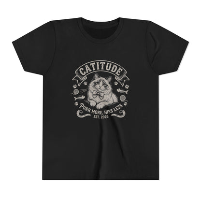 Catitude Youth T‑Shirt - "Purr More, Hiss Less" Cute Cat Graphic Tee for Kids
