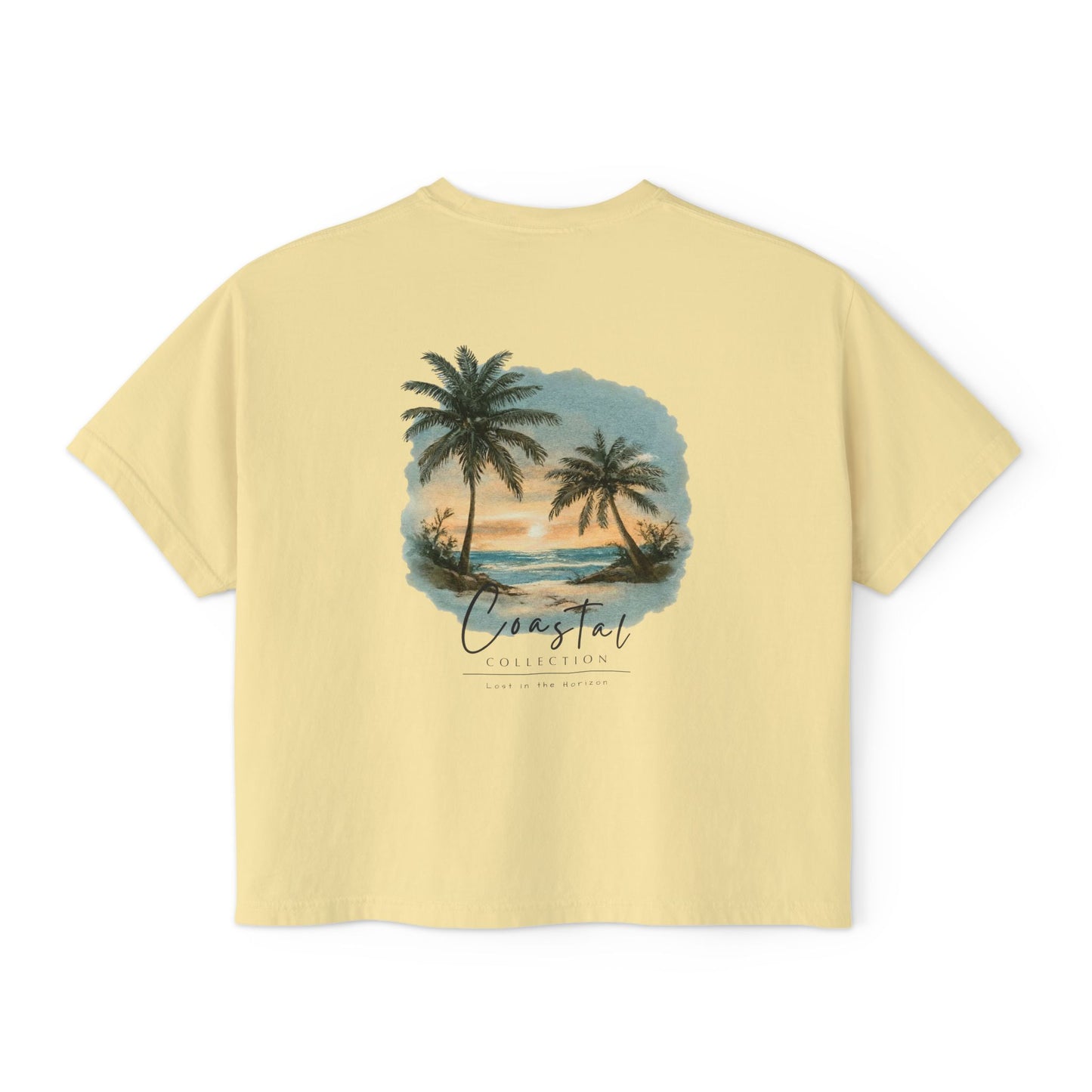 Women's Sunset Beach Scene II Back Design Boxy Tee - Tropical Palm Tree 'Lost In the Horizon' Graphic Tee (Additional Colors)